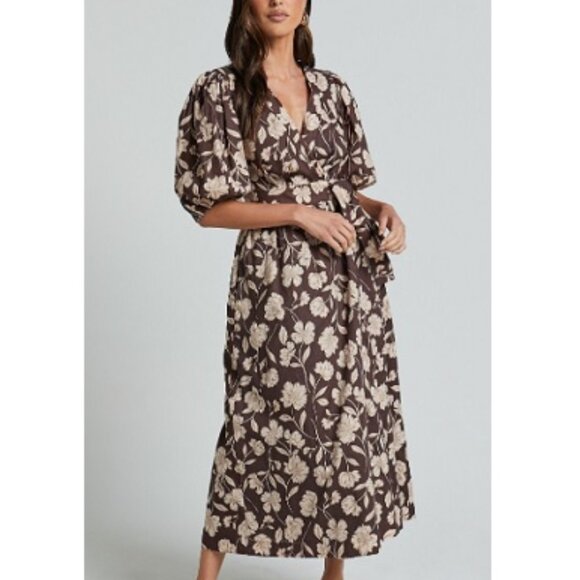Amalie the Label Francie Midi Wrap Dress 4 NEW Sahara Floral Brown Linen Cotton - Picture 1 of 8
